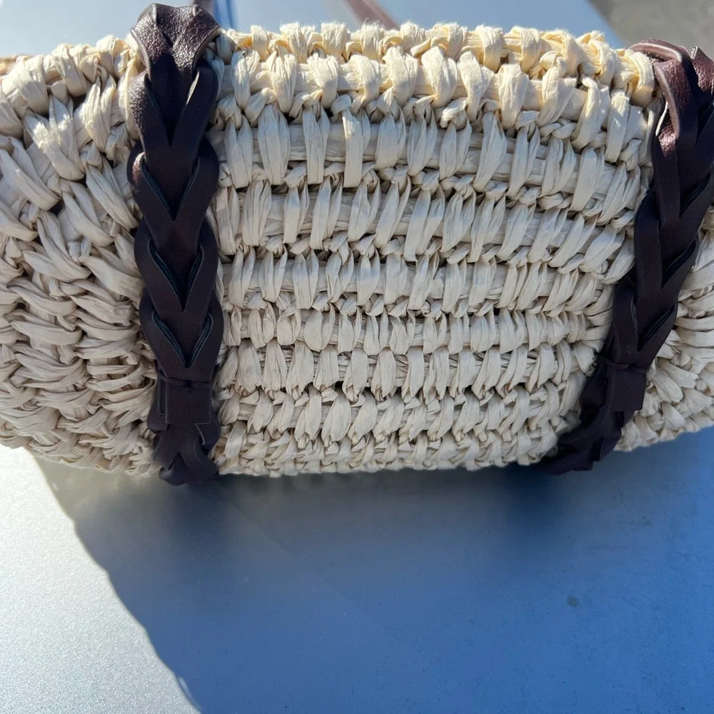 BTB Los Angeles Classic Banded Woven Tote Bag Braided Leather Straps::Vacay Vibe